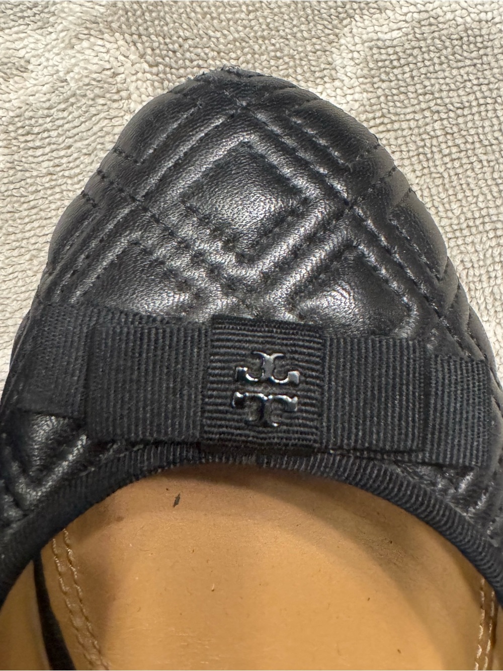 Tory Burch Black Quilted Leather Ballet Flat with Logo Bow